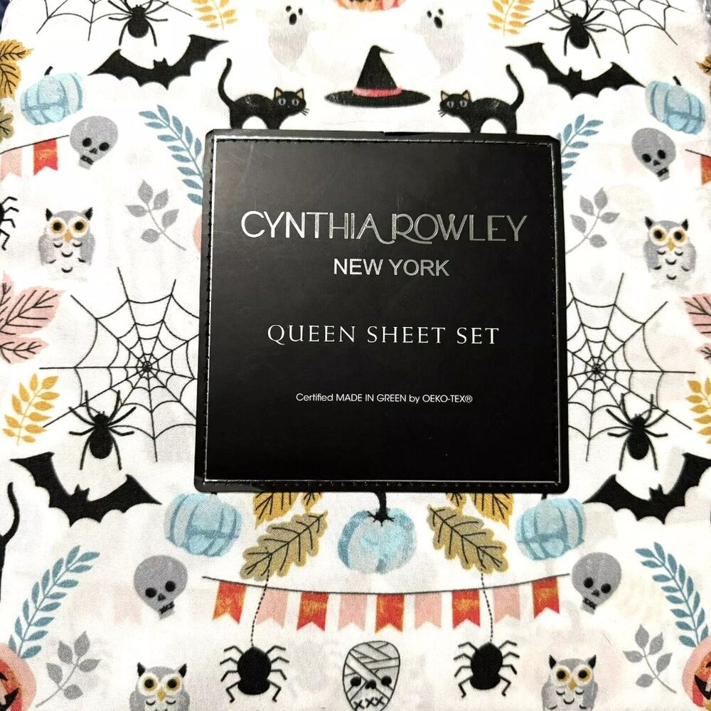 Cynthia Rowley Halloween QUEEN Sheet Set Black Cat Witch Hat Spiderweb Owl Skull
